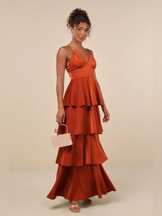 Lulus Dresses & Skirts - Lulus Going with Elegance Rust Brown Satin Tiered Gown